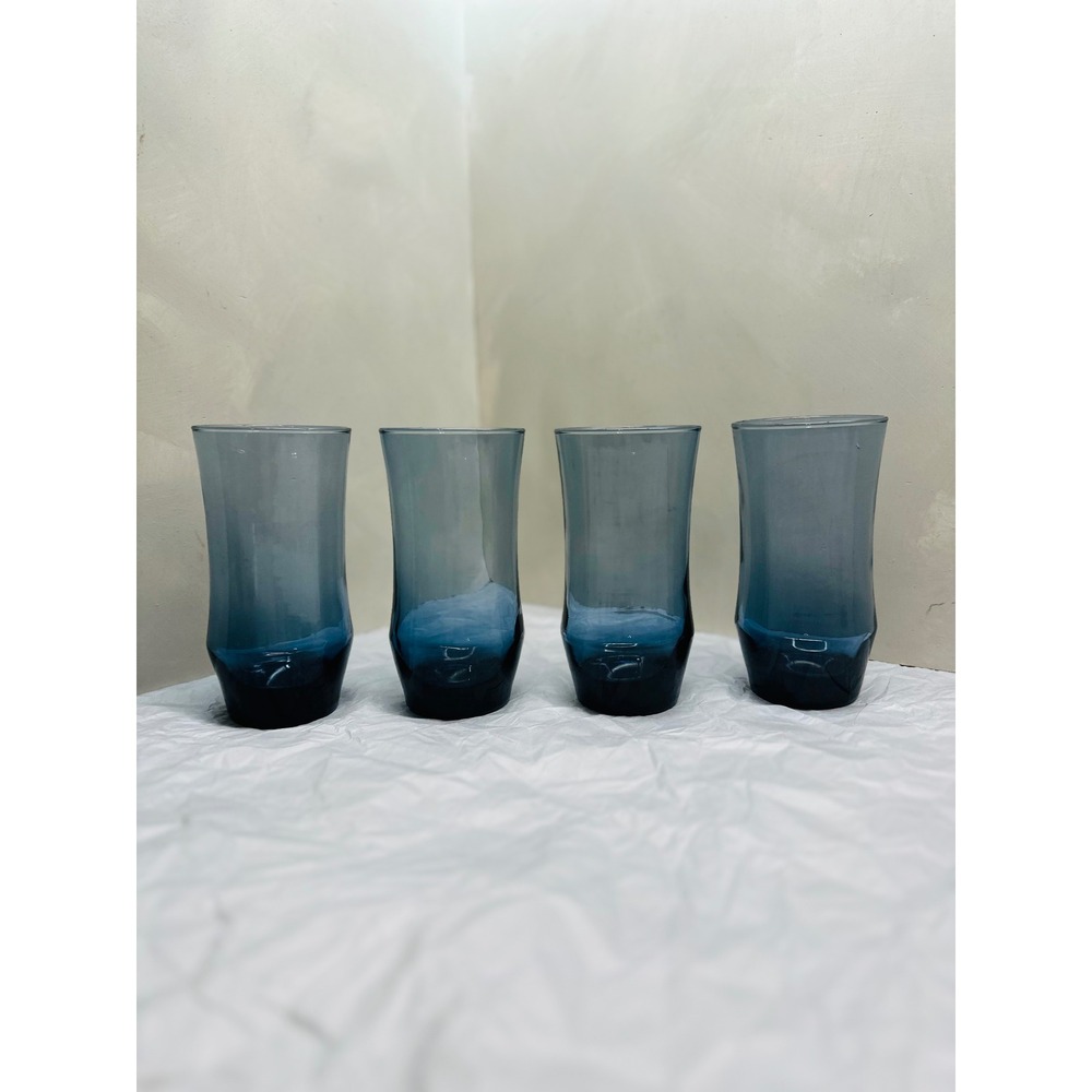 Vintage Mid Century Modern Apollo Smoky Blue Highball Glass Tumblers Set of 4